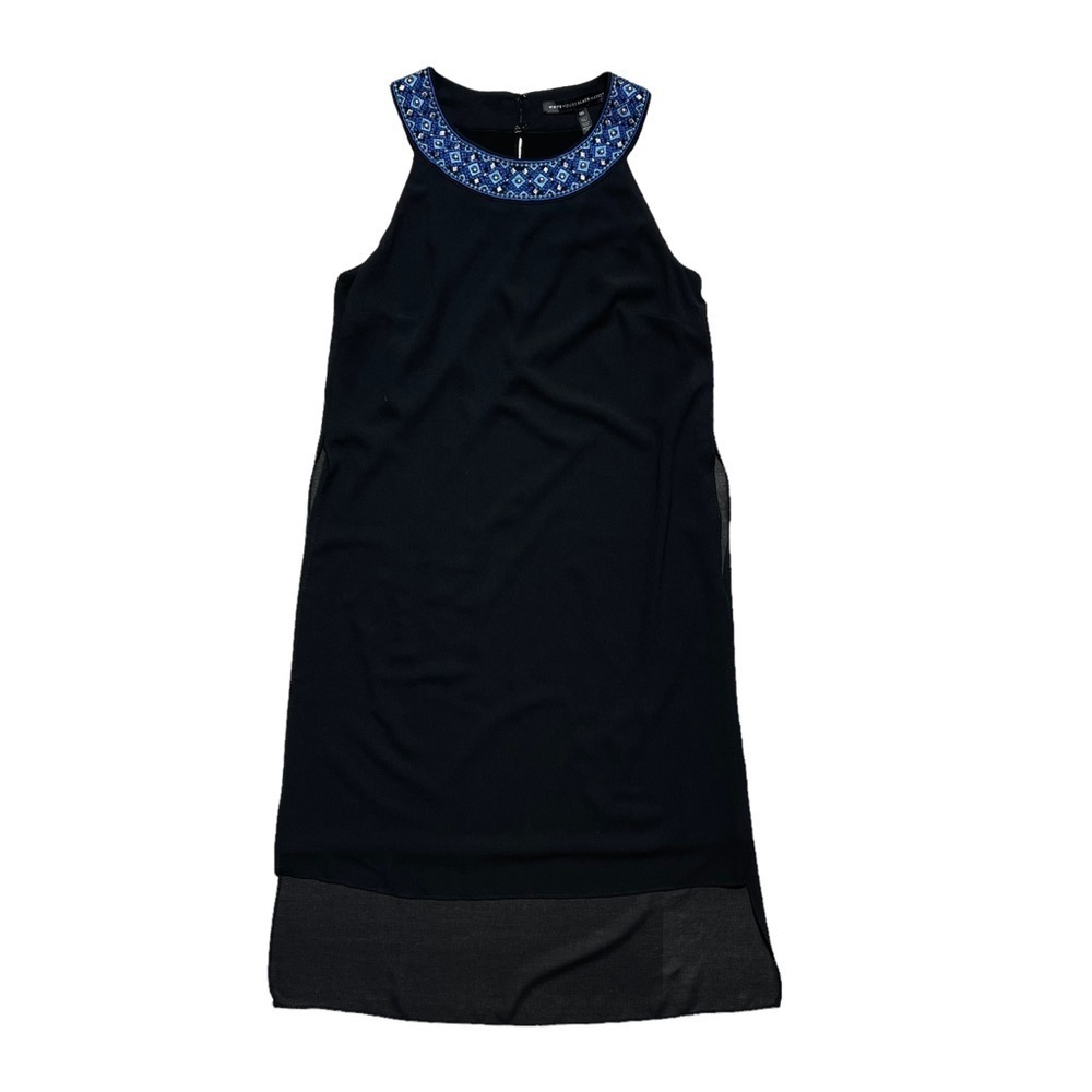 White House Black Market Blue Embroidery Neckline Black Mini Dress 0